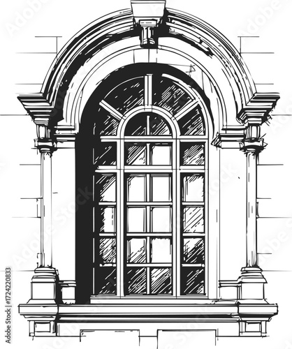 Arched window sketch, hand drawn architectural facade with classical columns — stock vector