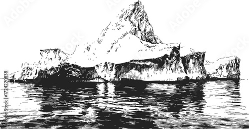 Iceberg sketch hand drawn style floating in calm arctic ocean — stock vector