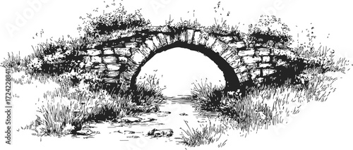 Stone bridge sketch hand drawn over stream with grass and bushes — stock vector
