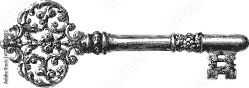 Antique key sketch, hand drawn ornate vintage skeleton key with intricate details — stock vector