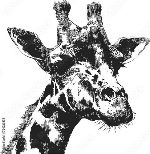 Giraffe sketch hand drawn portrait detailed black and white head close up — stock vector