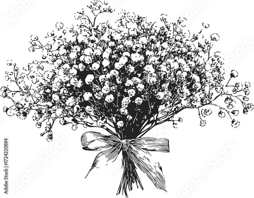 Baby's breath bouquet sketch, hand drawn style, tied with ribbon — stock vector
