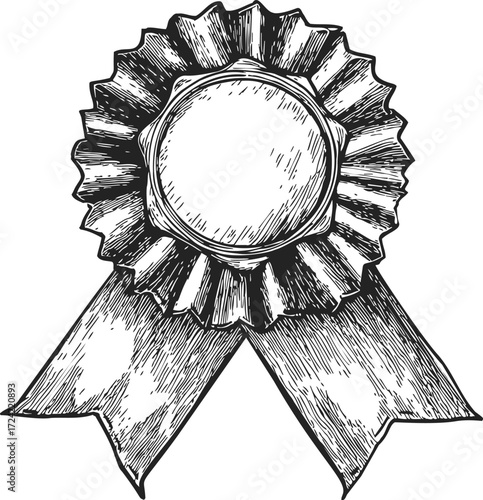 Award ribbon sketch hand drawn style with blank center and detailed rosette — stock vector