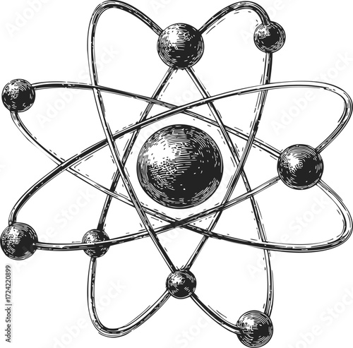 Atom sketch hand drawn vector, nucleus with orbiting electrons, science illustration — stock vector