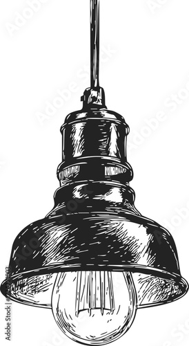 Vintage pendant lamp sketch, hand drawn industrial hanging light bulb — stock vector
