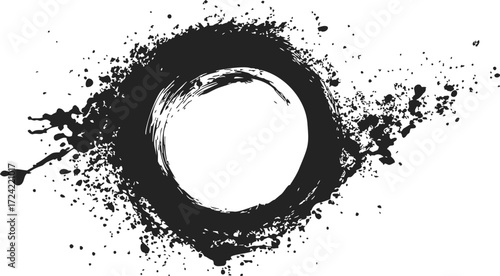 Ink circle sketch, hand drawn grunge brush stroke with splatter — stock vector