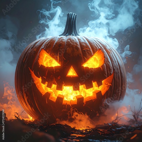 Glowing jack-o'-lantern in smoke