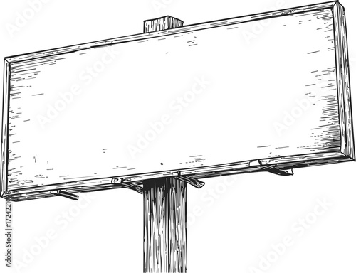 Blank wooden sign sketch, hand drawn rectangular board on post — stock vector