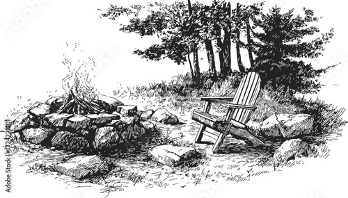 Campfire and Adirondack chair sketch, hand drawn forest clearing scene — stock vector