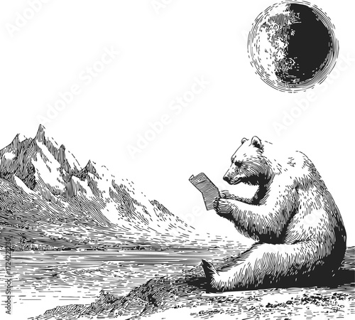 Bear reading book sketch, hand drawn style, mountain lake landscape, moon above — stock vector