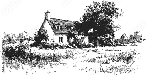 Cottage house sketch, hand drawn rural landscape with trees and grass — stock vector
