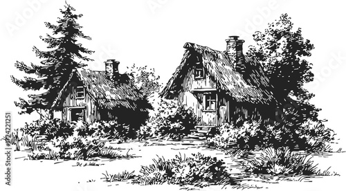 Thatched cottages sketch, hand drawn rural houses with trees and bushes — stock vector