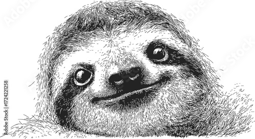 Sloth face sketch, hand drawn style, close up smiling animal portrait — stock vector
