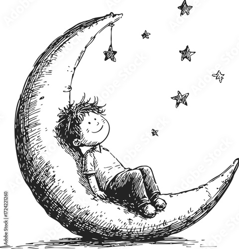 Boy sitting on crescent moon sketch, hand drawn dreamy night sky scene — stock vector