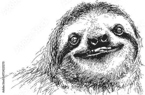 Sloth sketch hand drawn portrait with smiling face detailed fur — stock vector