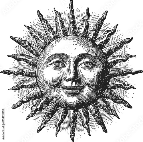 Sun face vintage sketch, hand drawn celestial illustration with ornate rays — stock vector