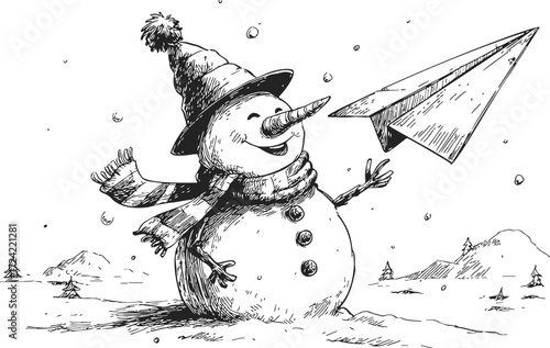 Snowman sketch hand drawn with hat scarf playing with paper airplane in snowy landscape — stock vector