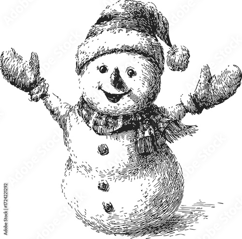 Snowman sketch hand drawn wearing hat scarf mittens smiling arms raised — stock vector