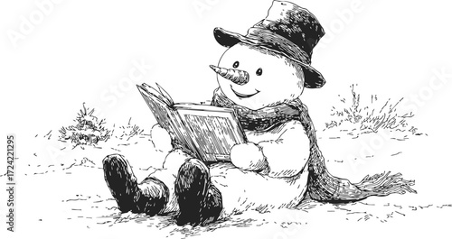 Snowman sketch reading book hand drawn winter scene with hat and scarf — stock vector
