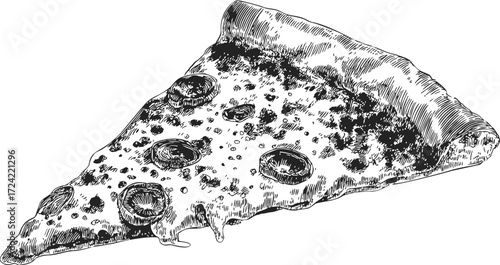 Pizza slice sketch hand drawn with pepperoni and melted cheese — stock vector