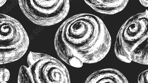 Snail shell seamless pattern sketch hand drawn black and white background — stock vector