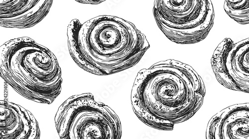 Cinnamon rolls sketch seamless pattern, hand drawn pastry swirl background — stock vector