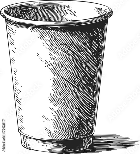 Plastic cup sketch hand drawn style with detailed shading — stock vector