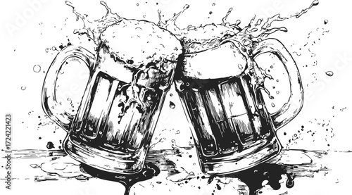 Beer mugs sketch hand drawn style with splashing foam and clinking scene — stock vector