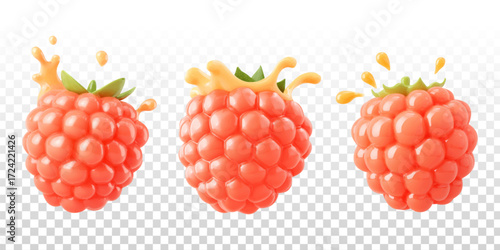 Vector realistic isolated raspberry with juice splash on transparent background.
