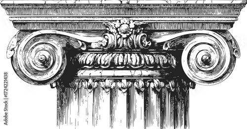 Ionic column capital sketch, hand drawn classical architectural detail with volutes — stock vector