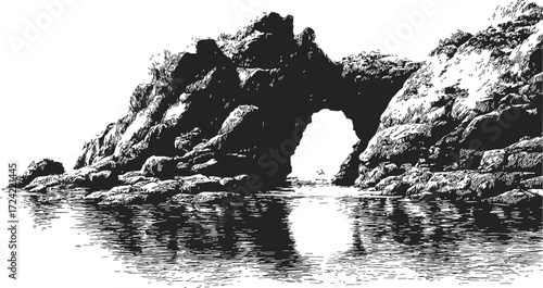 Natural arch sketch, hand drawn rocky coastal formation with water reflection — stock vector