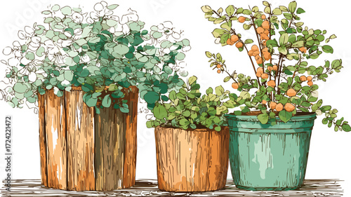 Serene Garden Scene with Wooden Flowerpots for Relaxing Outdoor Ambiance