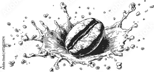 Coffee bean sketch hand drawn with splash effect isolated on white — stock vector