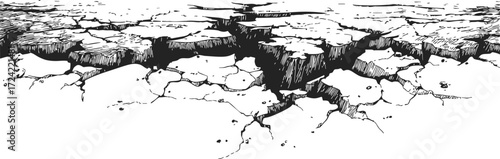 Cracked earth sketch, hand drawn dry ground with deep fissures and rough texture — stock vector