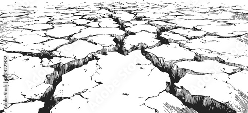 Cracked earth sketch, hand drawn dry ground fissures landscape — stock vector