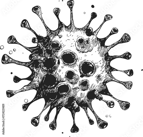Coronavirus sketch hand drawn virus particle detailed black and white illustration — stock vector