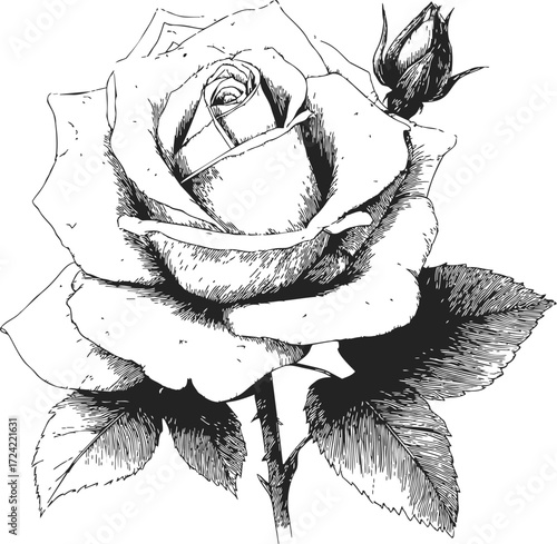 Rose flower sketch hand drawn with bud and leaves — stock vector
