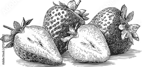 Strawberries sketch hand drawn style with whole and sliced fruit — stock vector