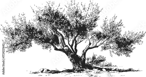 Olive tree sketch, hand drawn style, spreading branches and textured trunk — stock vector