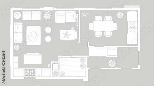 A detailed floor plan blueprint of a modern apartment layout showing furniture placement and room divisions in a clean silhouette style