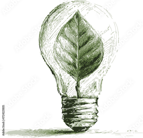 Leaf inside light bulb sketch, hand drawn eco-friendly energy concept — stock vector