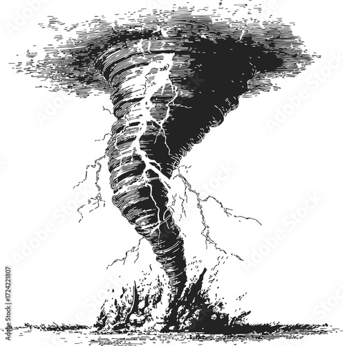 Tornado sketch hand drawn with lightning striking ground in dramatic storm — stock vector