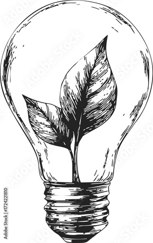 Light bulb sketch with plant growing inside, hand drawn eco concept — stock vector