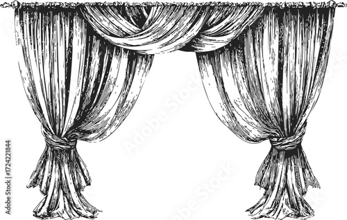 Stage curtain sketch hand drawn with draped fabric and tied sides — stock vector