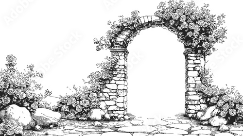 Stone archway sketch, hand drawn with blooming roses and cobblestone path — stock vector