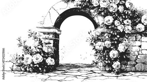 Stone archway sketch, hand drawn with blooming roses and climbing vines — stock vector