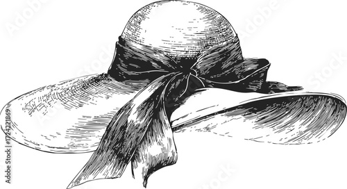 Wide brim hat sketch, hand drawn with ribbon bow detail — stock vector