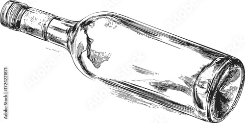 Bottle sketch hand drawn style detailed glass bottle lying on side — stock vector