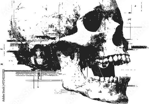 Skull sketch hand drawn side view with grunge abstract elements — stock vector