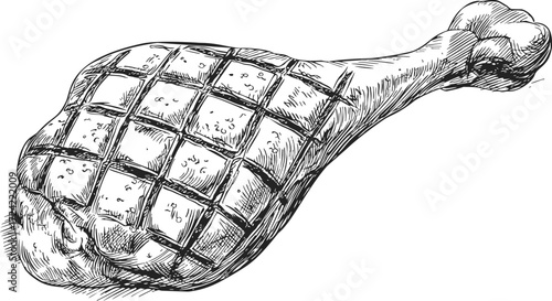 Grilled meat leg sketch, hand drawn style with crosshatch grill marks — stock vector